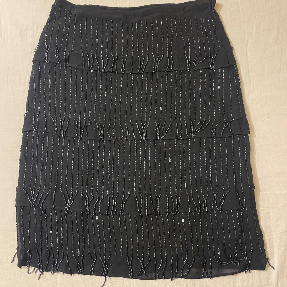 Chicos Womens Size 1 Black Beaded Fringe Tiered Midi Skirt Rayon‎ Evening Wear